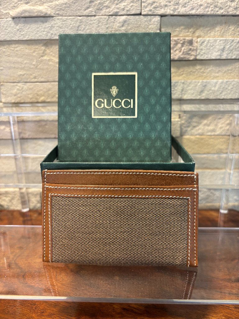 Authentic Vintage Gucci Card Holder Wallet Brown Canvas Leather 1980s With Box